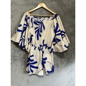 Willow Romper Large Blue & Cream Abstract Puff Sleeves Shorts Cotton